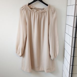 GOAT Jane Tan Wool Ruffle Neck Puff Balloon Sleeve Shift Dress